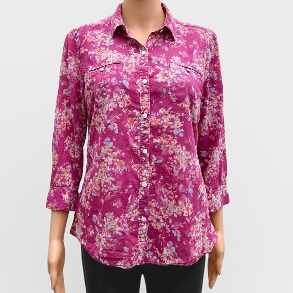 EDDIE BAUER Dress Shirt Women’s M Pink Floral 100% Cotton Soft Button Up Blouse